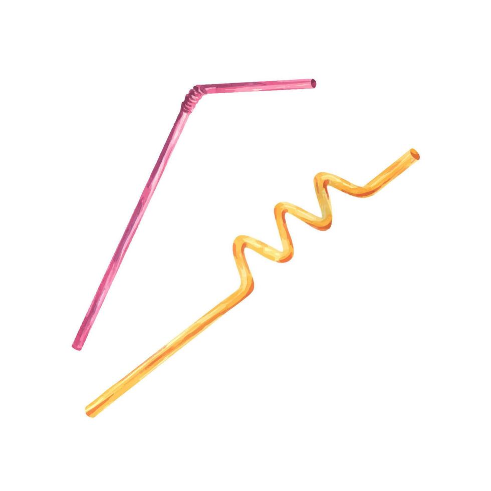 Watercolor illustration of two colorful cocktail straws one pink flexible and one orange curly. Bright handpainted summer drink elements, perfect for party decor, beverages, and tropical design vector