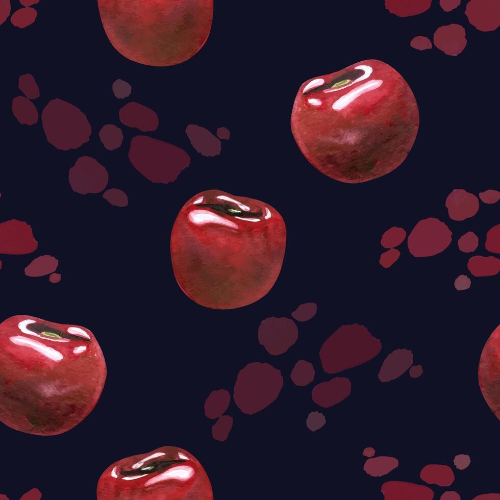 Red, ripe cherries, individual berries with drops of juice. Watercolor hand-drawn illustration on the theme of fruits, food and desserts. Seamless pattern, ornament on a dark blue background vector