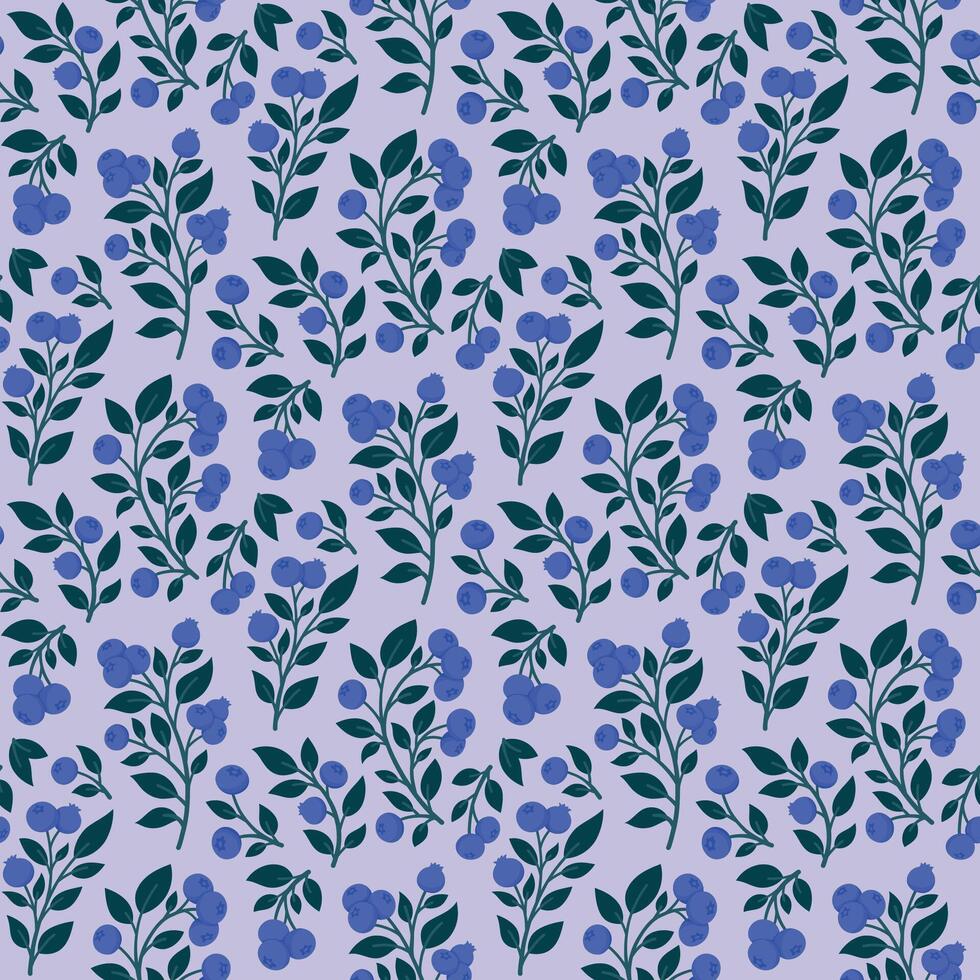 Ripe Blueberry Seamless Pattern with Branches, Berries, and Leaves on Light Purple Background. Juicy Bilberry Hand Drawn Endless Design for Fabric, Wrapping Paper, Kitchen Textile or Packaging vector