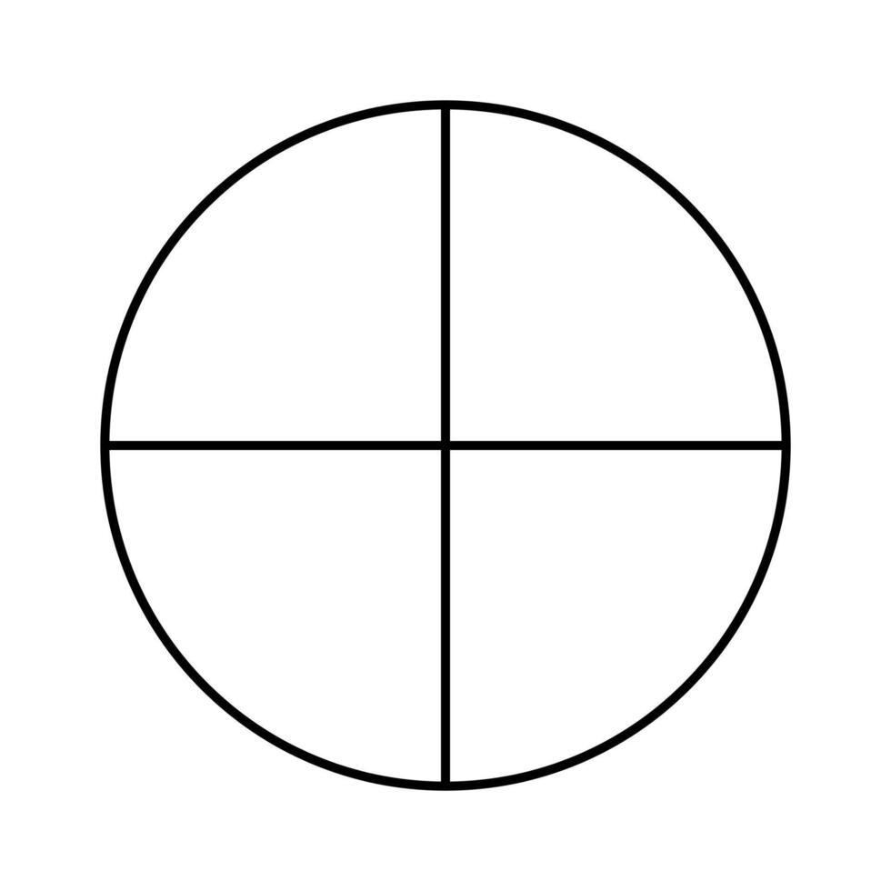 Circle divided in 4 segments. Outline style. Pizza, pie round shape cut in four equal slices. Black line chart. vector
