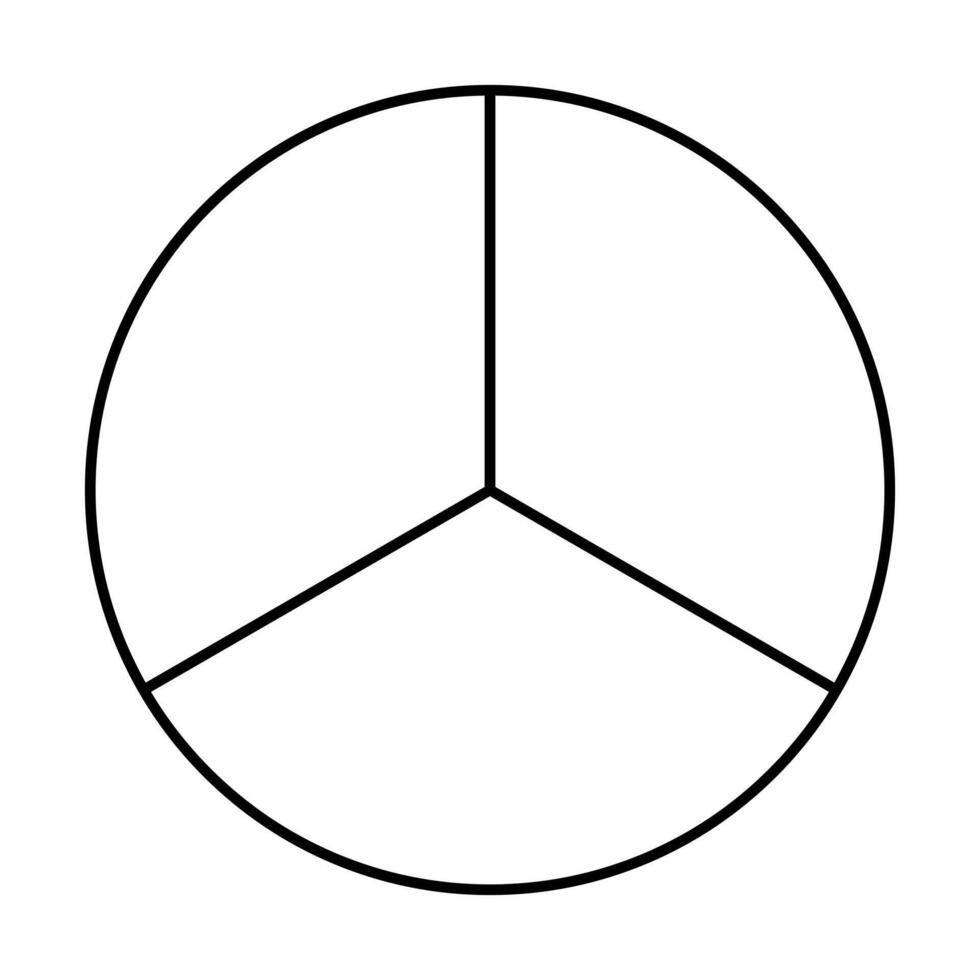 Three segments divided circle. Minimalistic black line chart. Pie, pizza round shape, 3 slices. vector