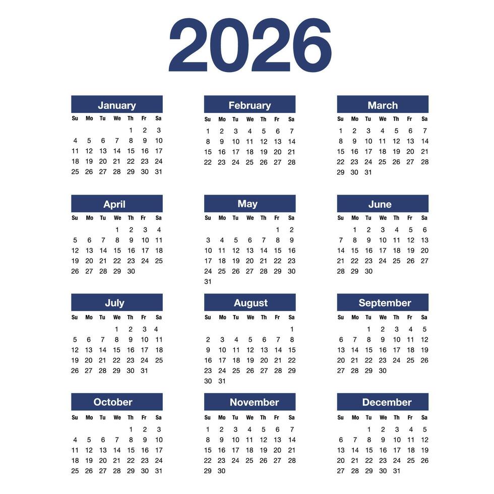 Simple vertical calendar for 2026 starts on Sunday vector