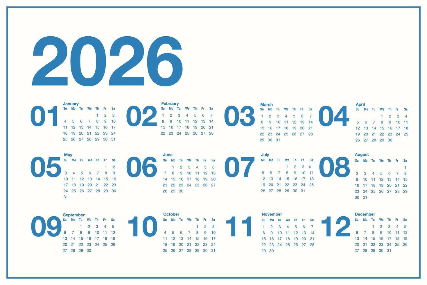 Calendar for 2026 starts on Sunday vector