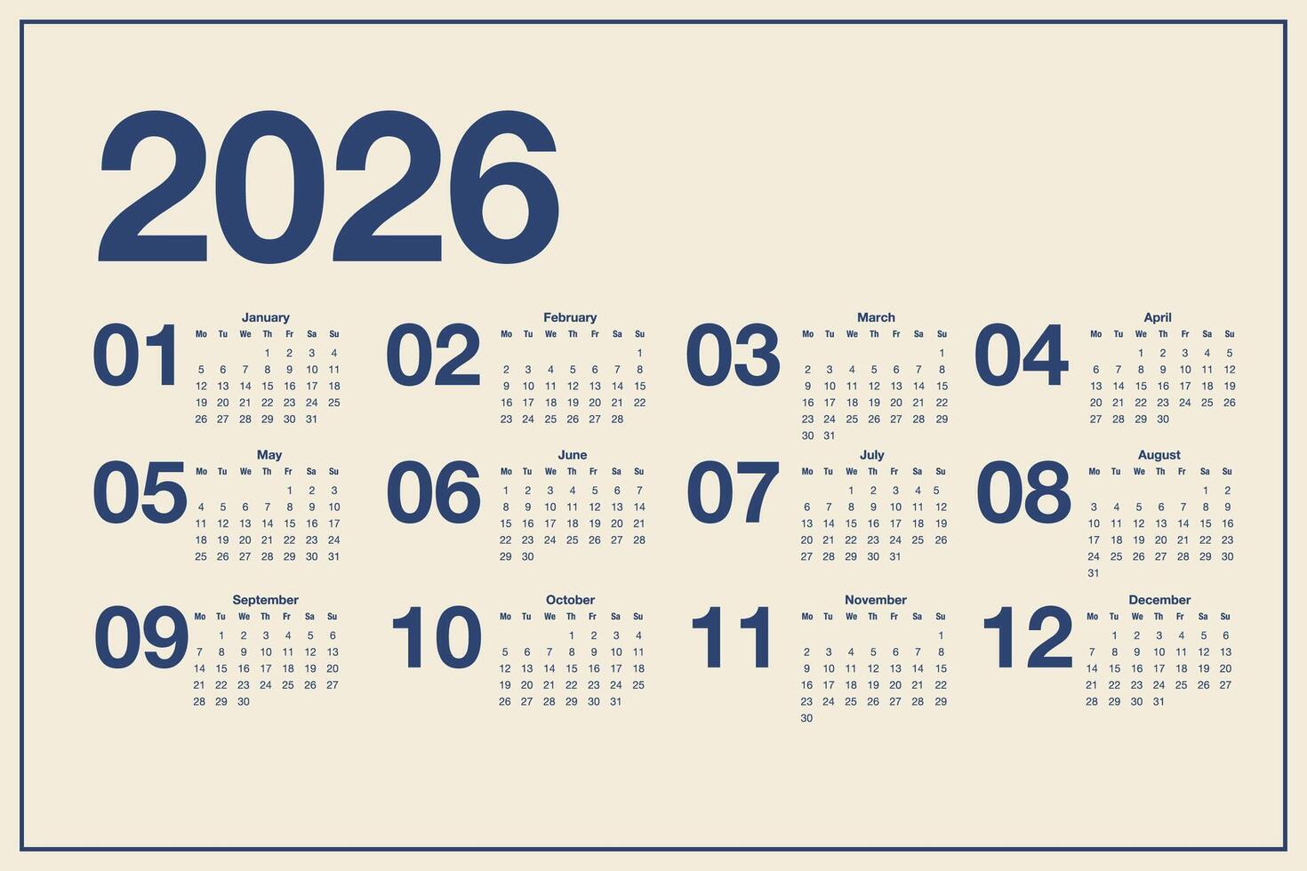 Calendar for 2026 starts on Monday vector