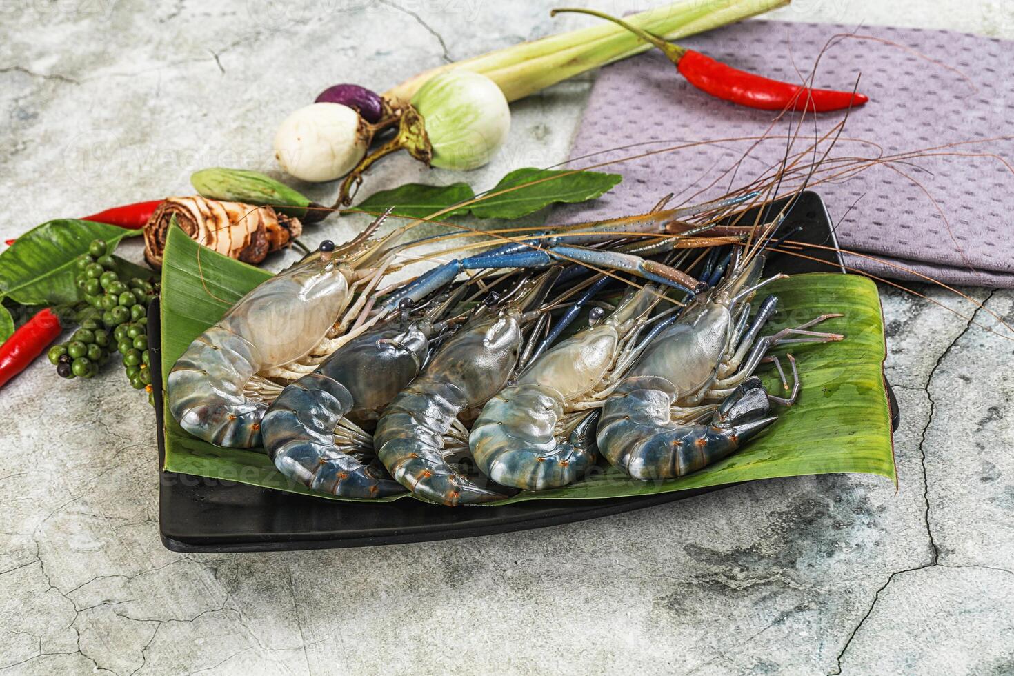 Fresh prawns on a plate with vegetables and herbs photo