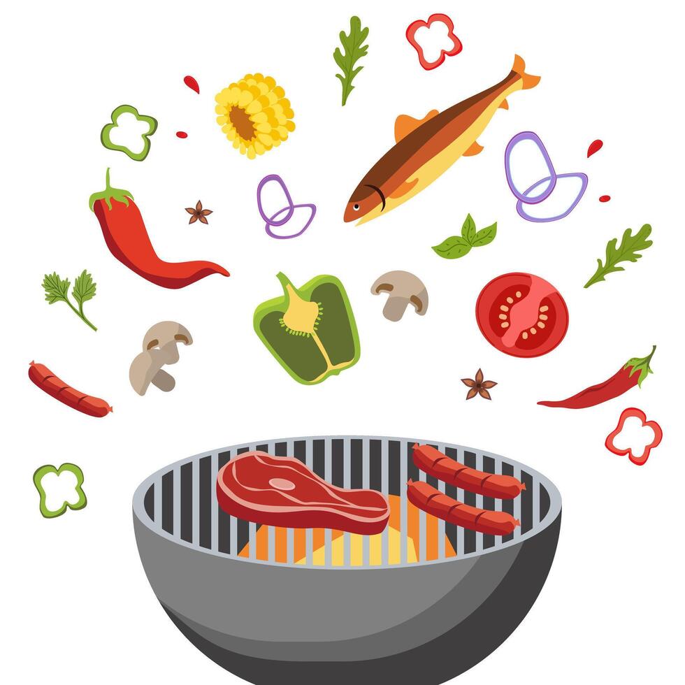 Barbecue grill with meal and different food flying around. In cartoon style on white background. Suitable for summer cooking designs and food content. vector