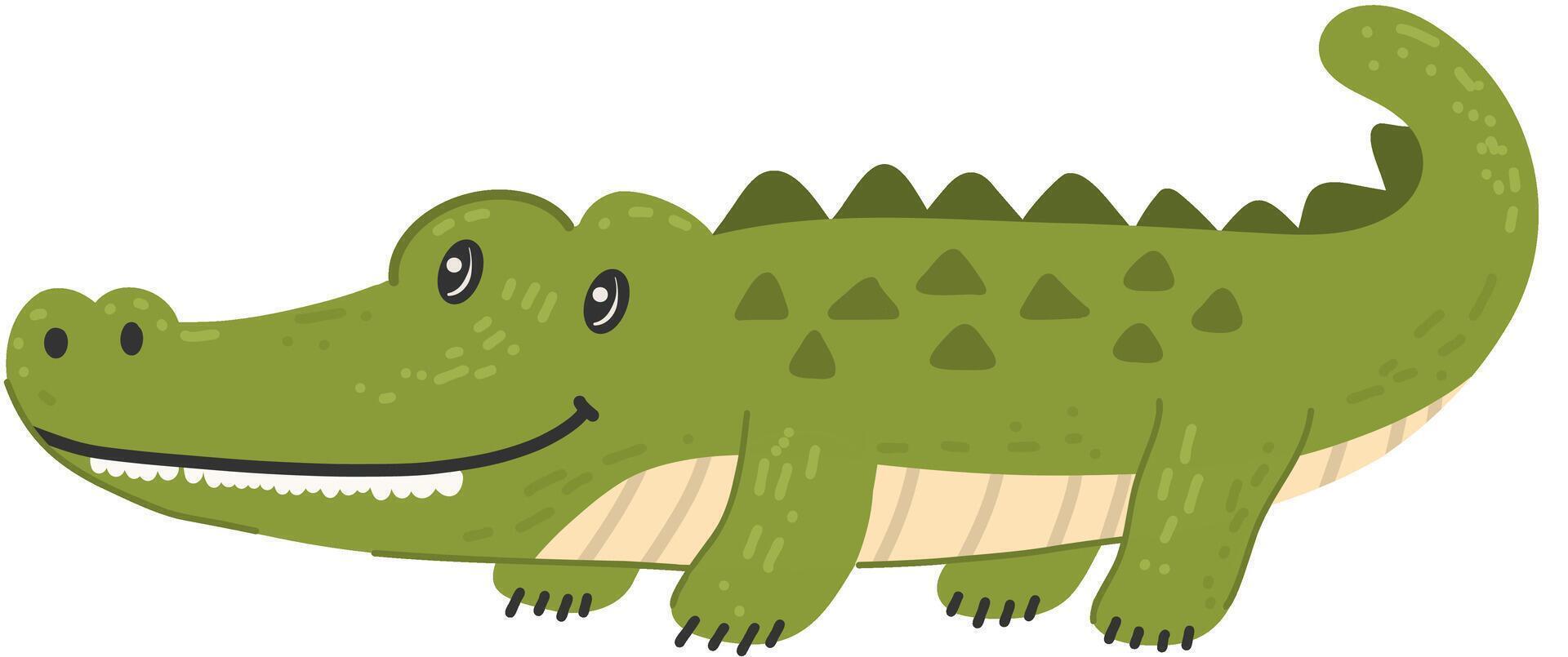 Crocodile wild animal with friendly smile in hand drawn, doodle style. Suitable for safari and jungle themed designs. White background. vector