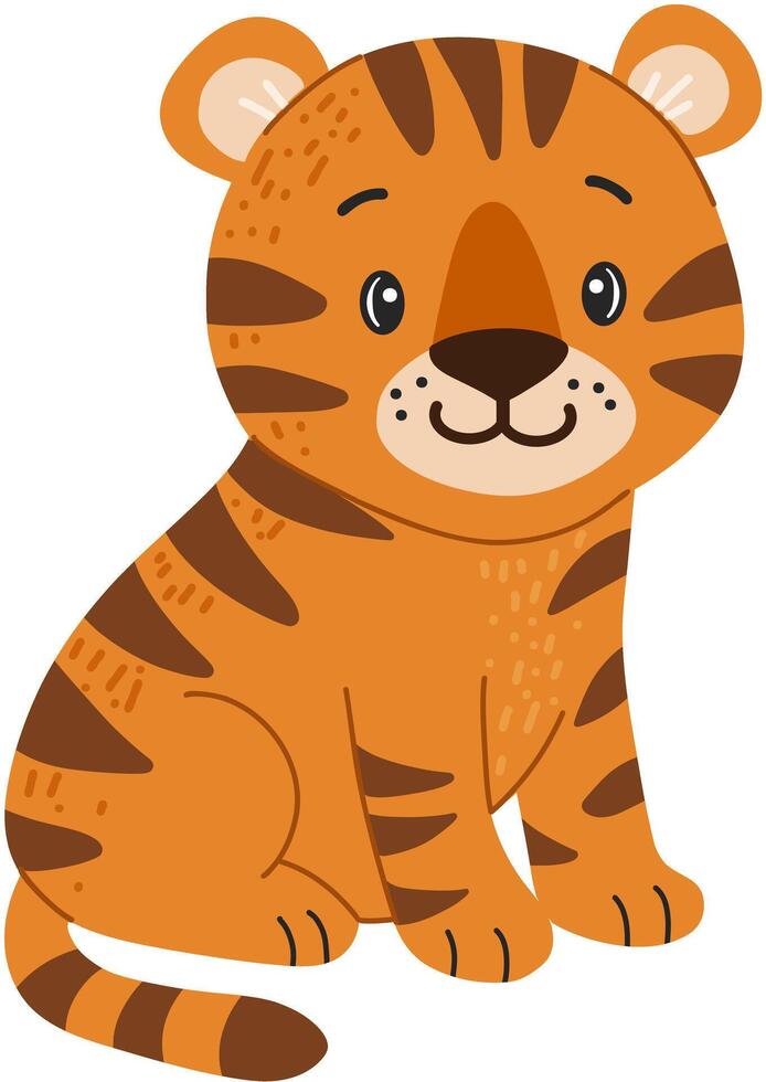 Tiger cub, wild animal in hand drawn, doodle style. Suitable for kids books, animal designs, and educational content. White background. vector