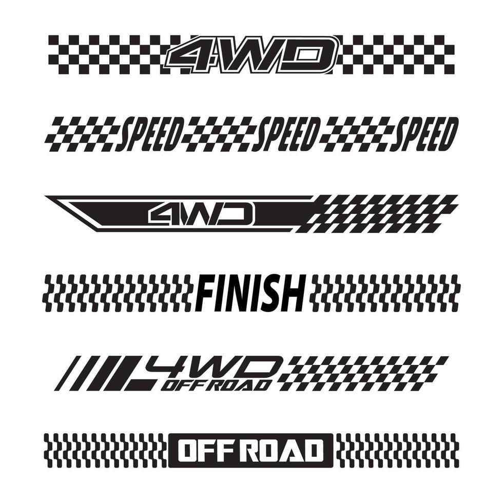 Set checkered flag designs, racing stripe speed, finish line motorsport, silhouettes text lines vector