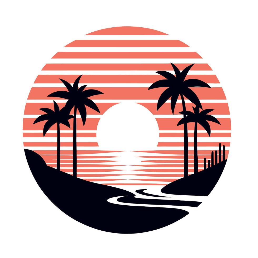 a sunset with palm trees and the ocean vector