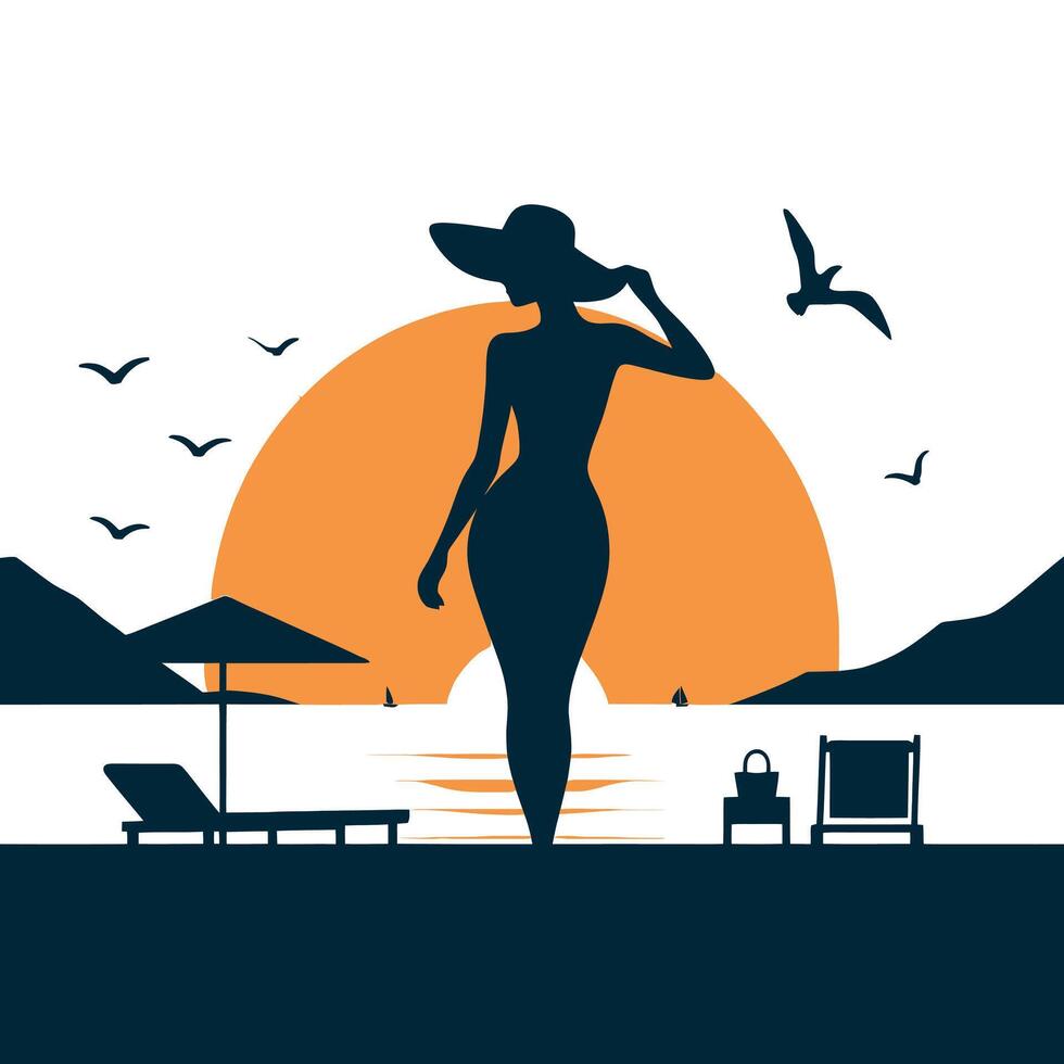 silhouette of woman on the beach with sun and sea vector