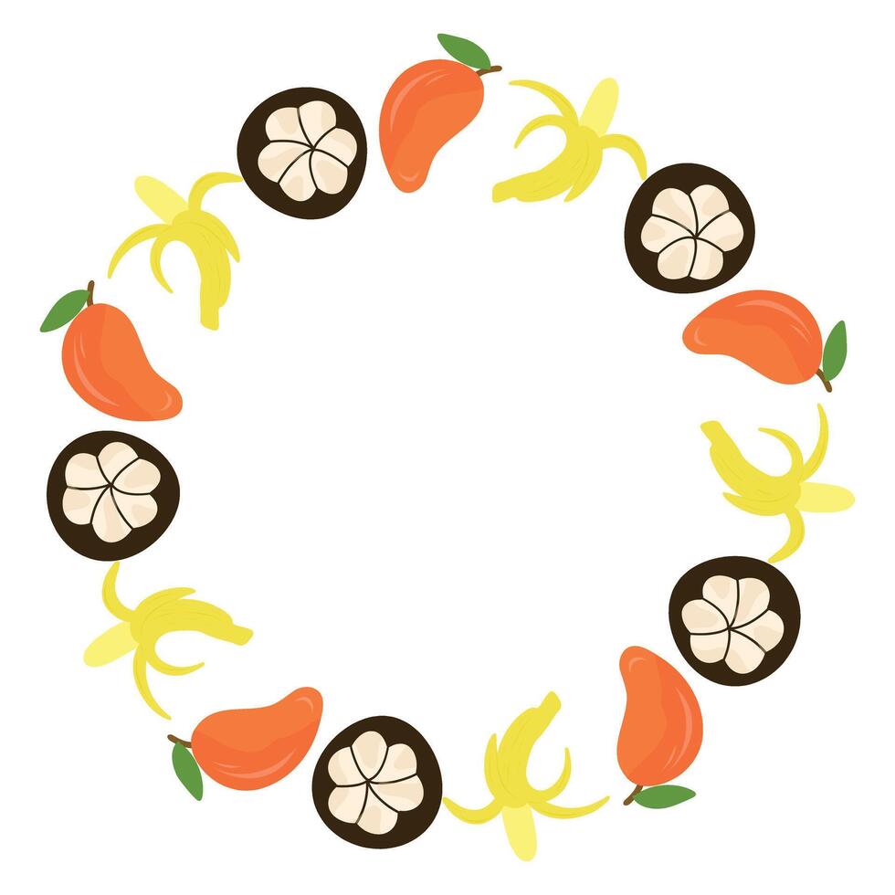 Mango, mangosteen and banana wreath, tropical round frame, border. Perfect for greeting cards, spring decor, wedding invitations, posters, branding, scrapbooking. vector