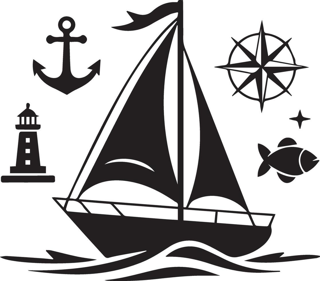 Nautical Sailing Icons Set Silhouette vector