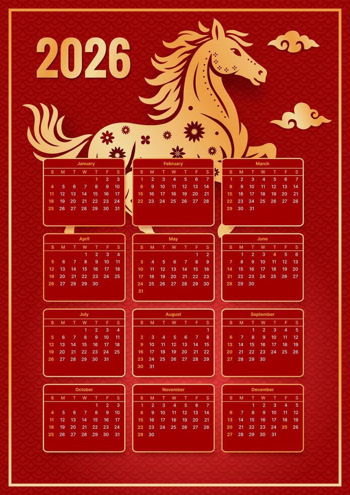 colorful vertical calendar template for chinese new year of the horse 2026 vector