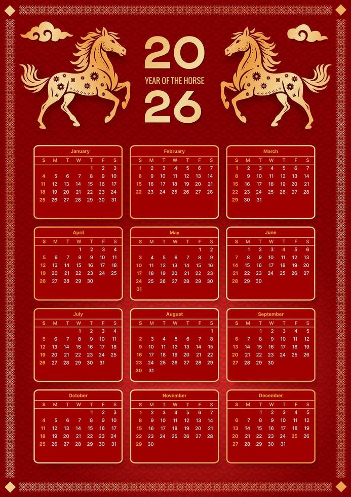 vertical calendar template 2026 chinese style chinese new year of the horse vector
