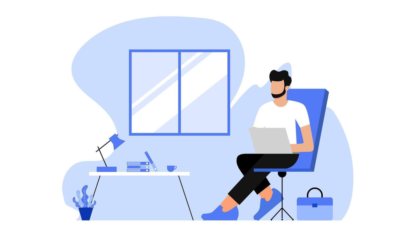 young man sitting in armchair using laptop concept flat design illustration vector