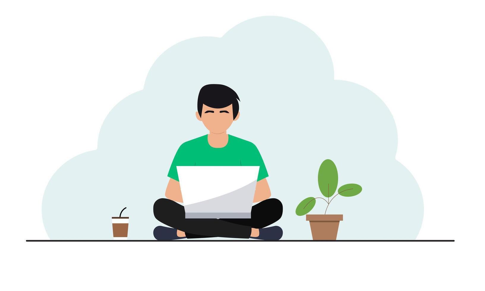flat design of a man working in front of a laptop while sitting casually. vector