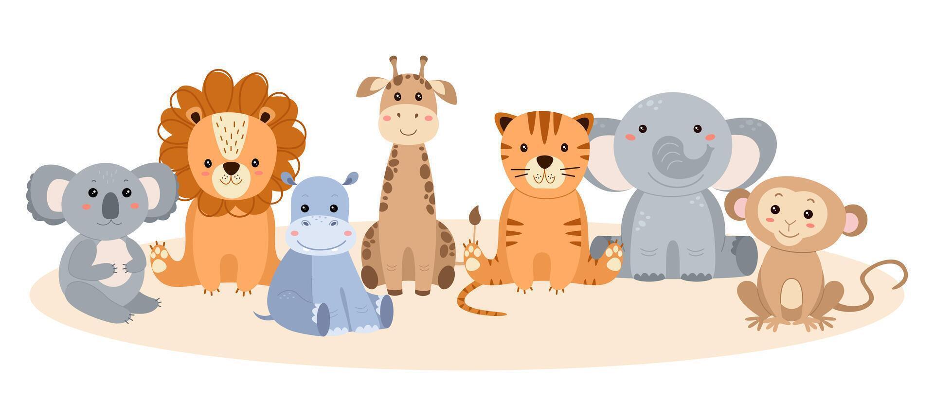 Set of African, safari animals. Lion, tiger, hippo, elephant, giraffe, cheetah, monkey, koala. Cute characters on white background. illustration. vector