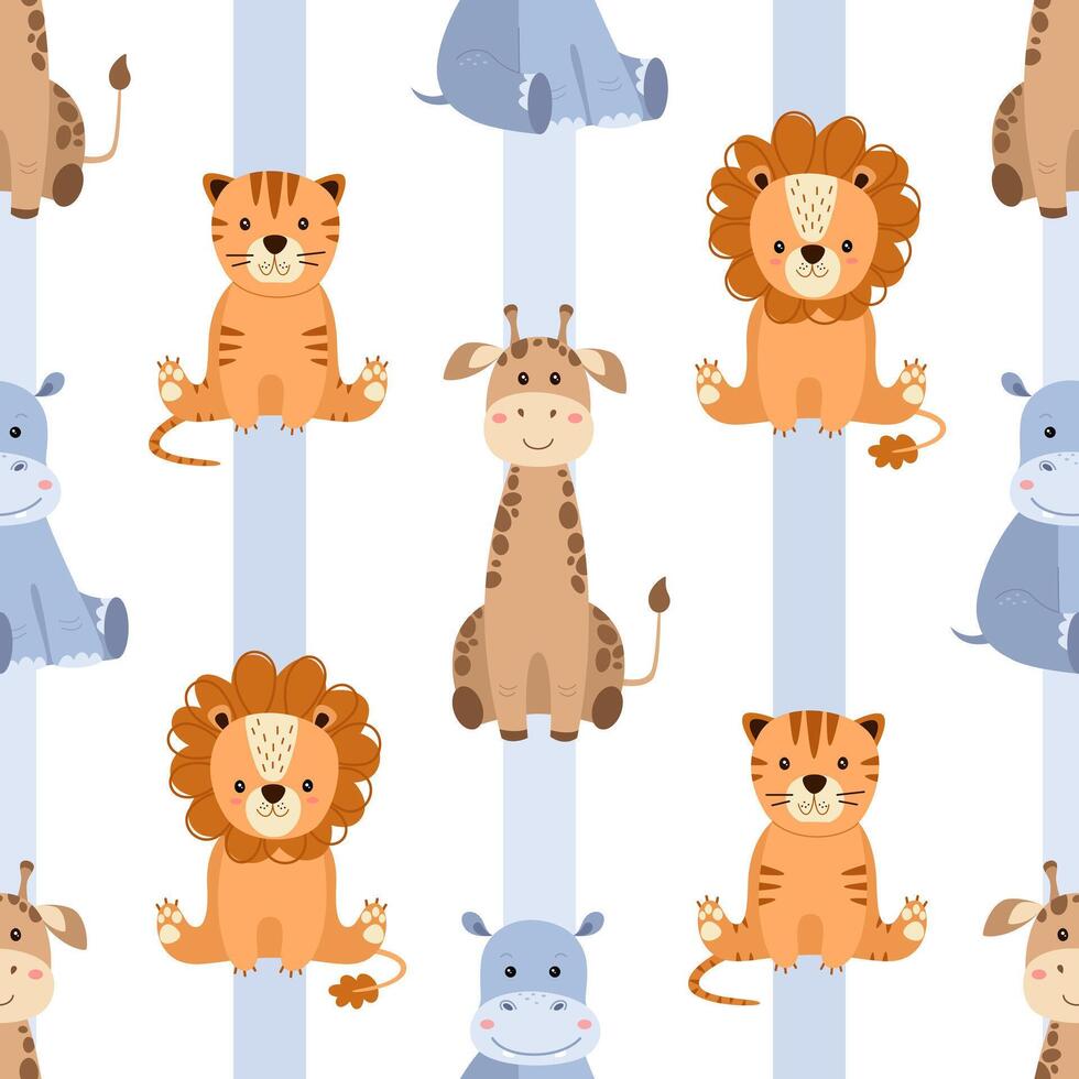 Seamless pattern cartoon safari African animals. Lion, tiger, giraffe, hippo. Striped background. vector