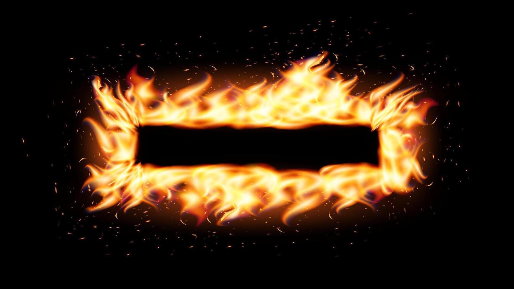 Burning rectangular fire frame with glowing flames and sparks on black background. Ideal for dramatic banners, warning signs, energetic promo visuals. illustration. vector