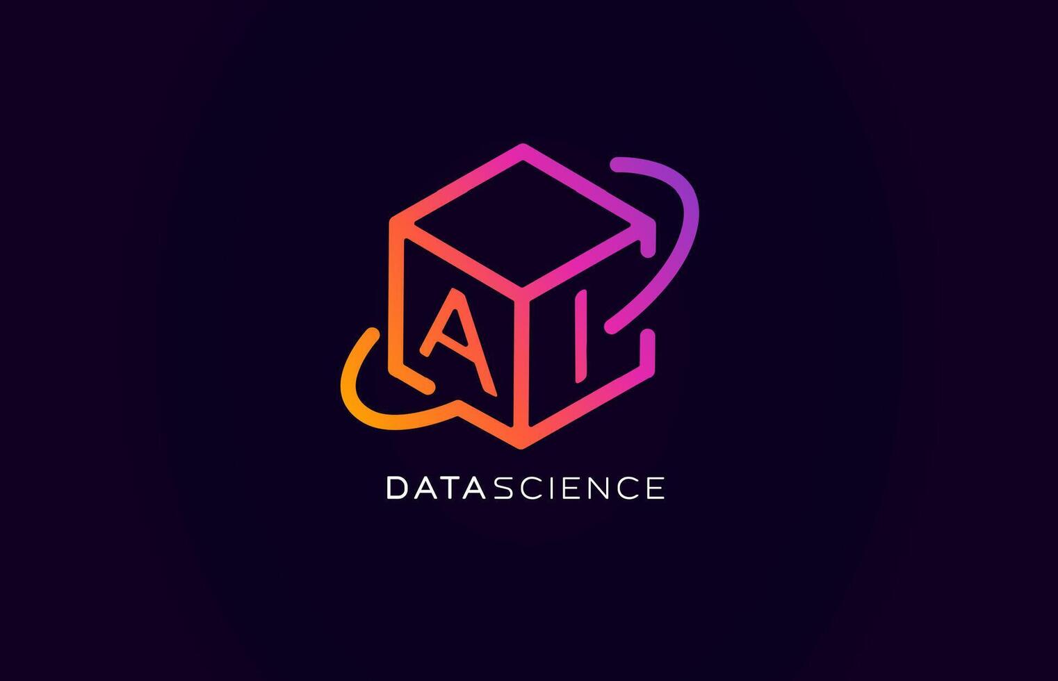 Lines 3D cube, Data science AI logo in futuristic neon style for tech branding, machine learning tools, big data analytics. Modern abstract bigdata icon. illustration vector