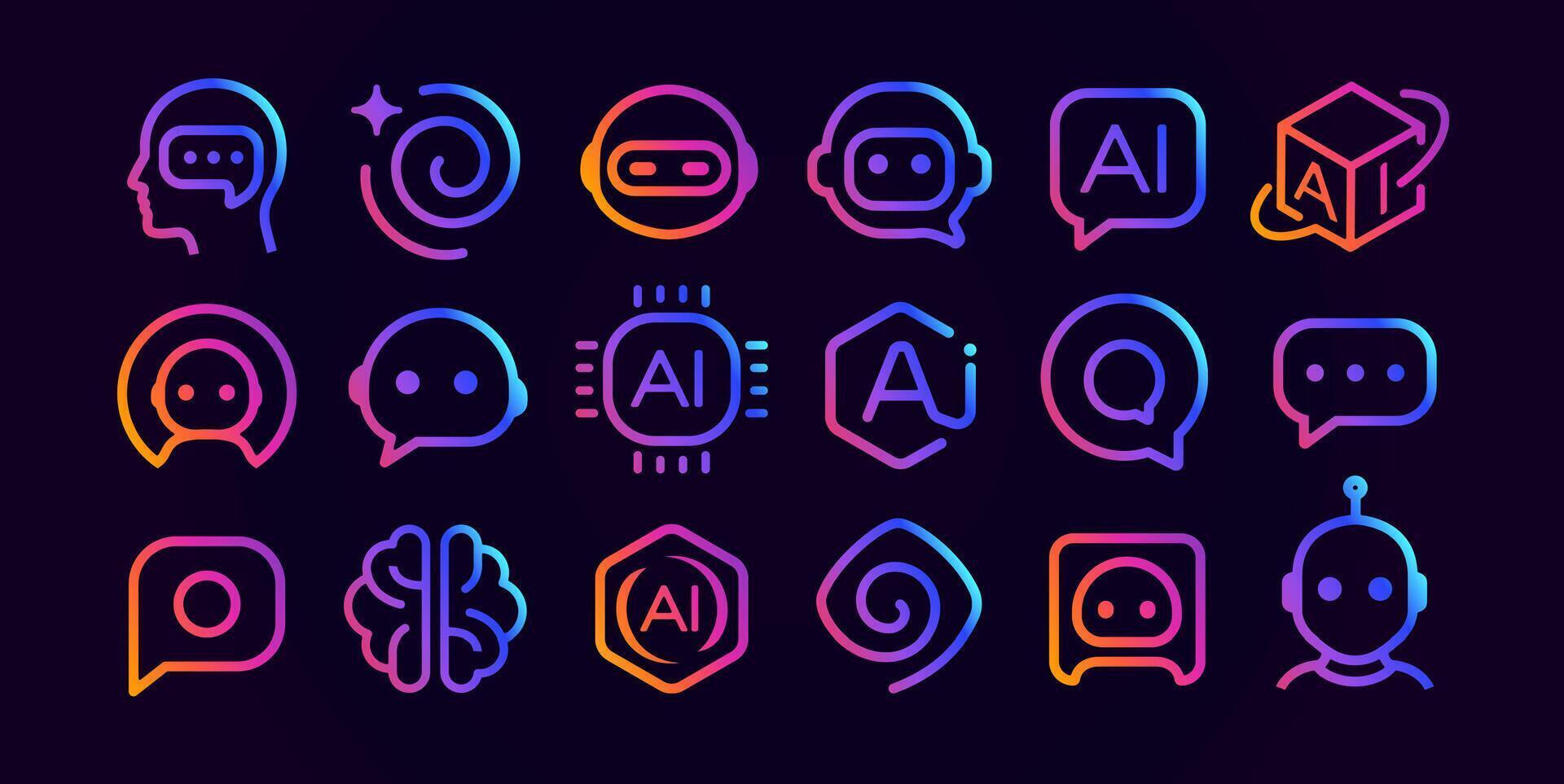 AI technology icon set with brain logo, chip sign, chatbot assistant robot, data. Futuristic smart tech symbols for UI, apps, networks, digital system, branding, software design. illustration vector