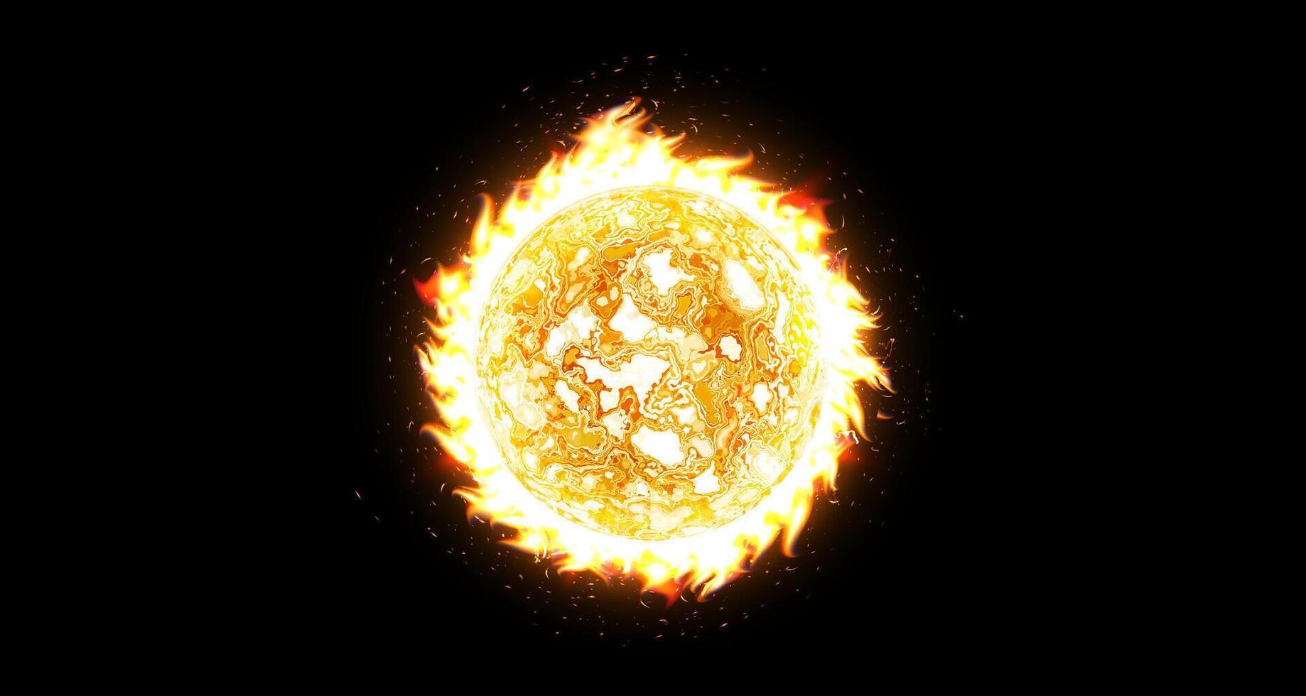 Burning fireball or solar sphere with intense flames and glowing energy on black background for scifi covers, cosmic designs, warming infographic. Hot sun BG. illustration vector