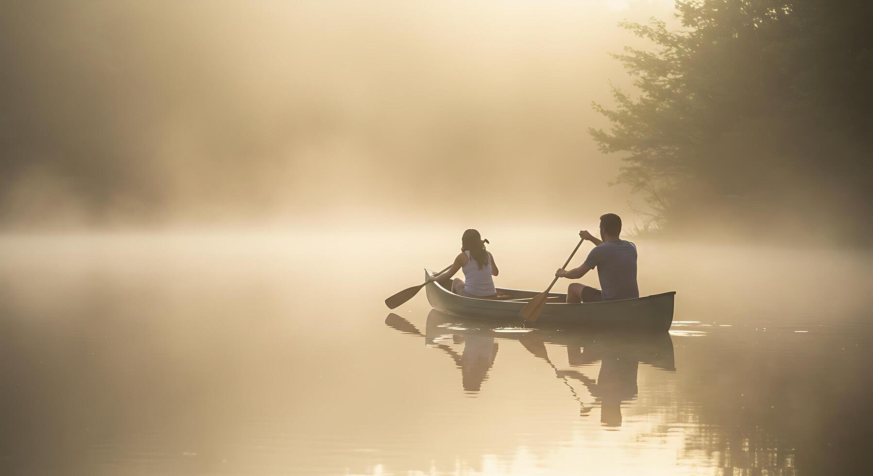 Couple canoeing on a foggy lake photo