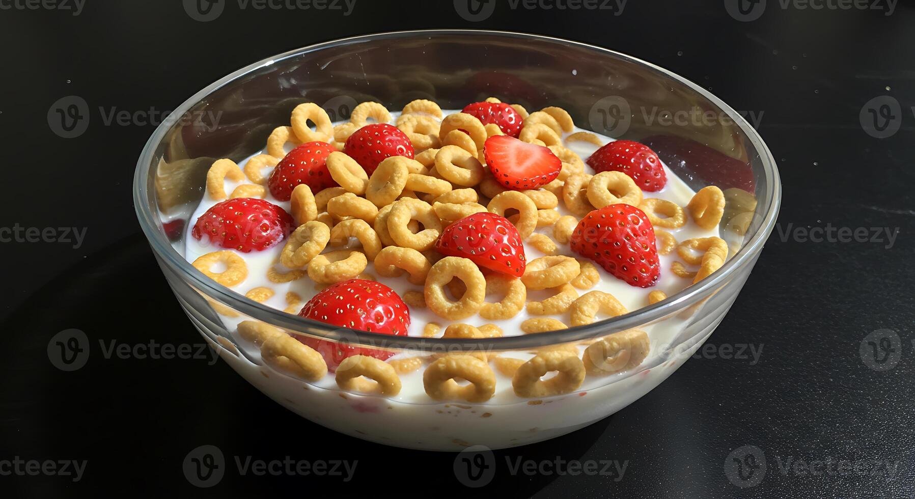 A bowl of cereal with strawberries and milk photo