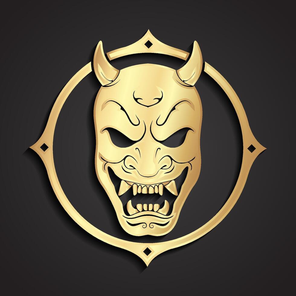 demon face in circle japan oni mask 3d golden logo vector