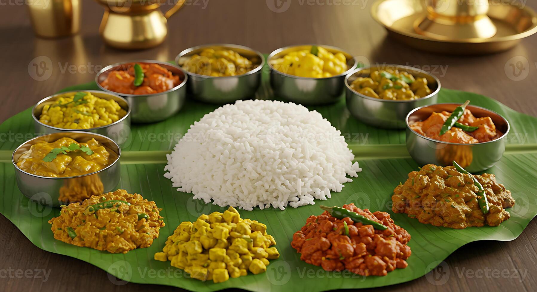 A banana leaf with rice, curry and other dishes on it photo