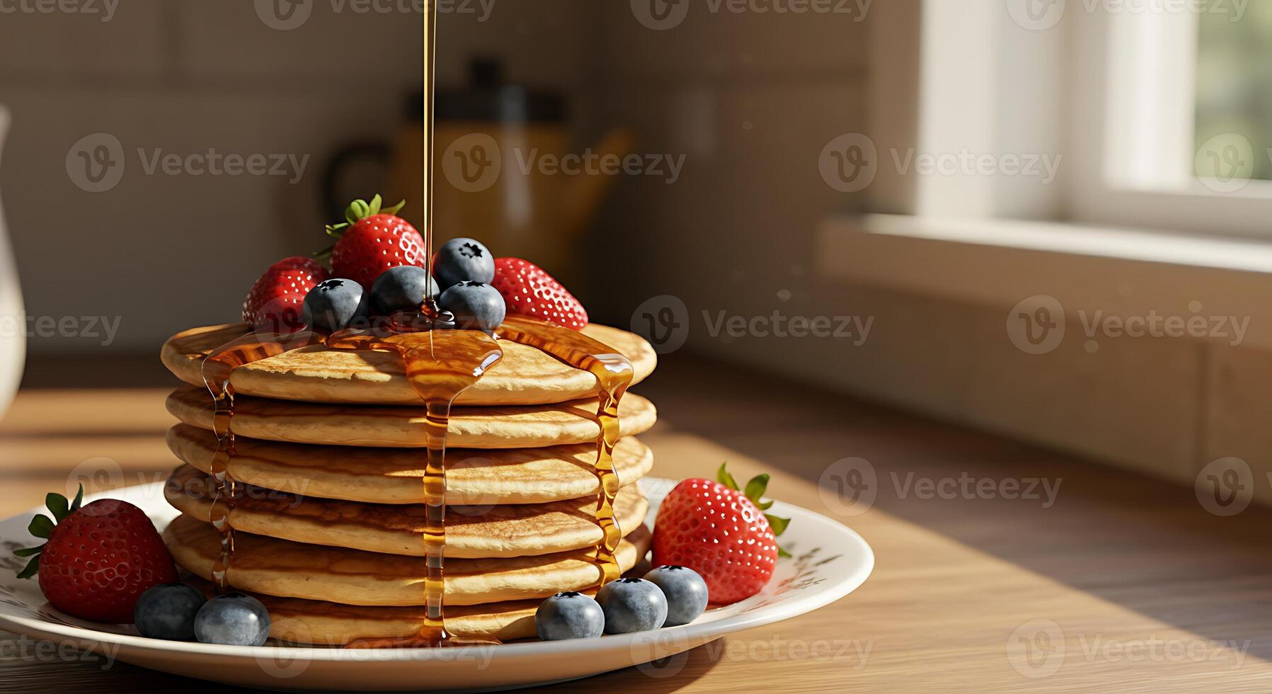 A stack of pancakes with berries and syrup photo