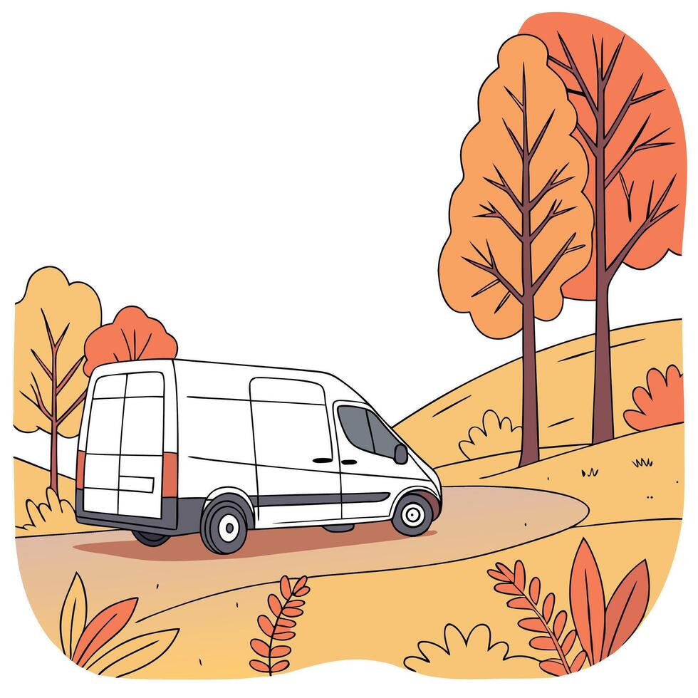 Modern delivery van on a late sunny autumn day. Picturesque park. vector