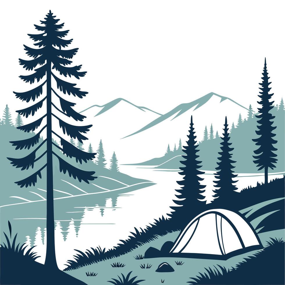 Camping site by a tranquil mountain lake with a tent and pine trees vector