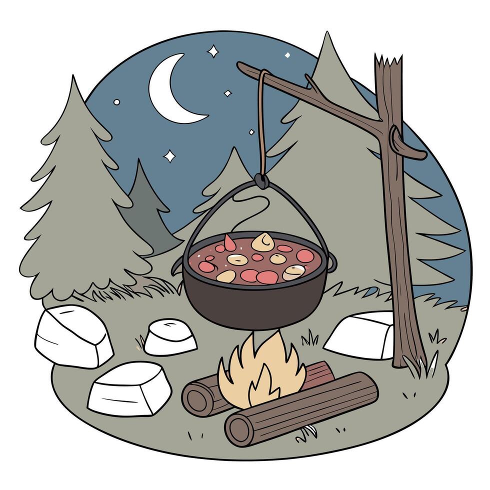 One pot camping meal with beef and potatoes simmering on a camp fire. vector