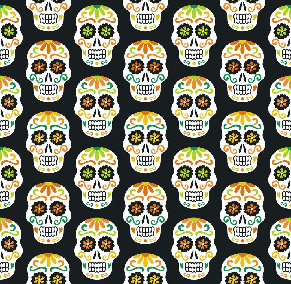 Latin American traditional Day of the Dead background of Ethnic ornate Sugar Skulls decorated with flowers for fabric prints, wallpaper, wrapping paper. Seamless Pattern of autumnal shades. EPS 10 vector