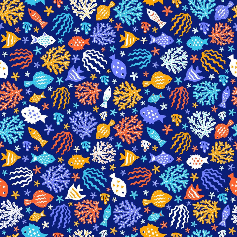 Sea style Seamless Pattern of Cutout Marine design elements. Endless funny Coral and Fish Background vector