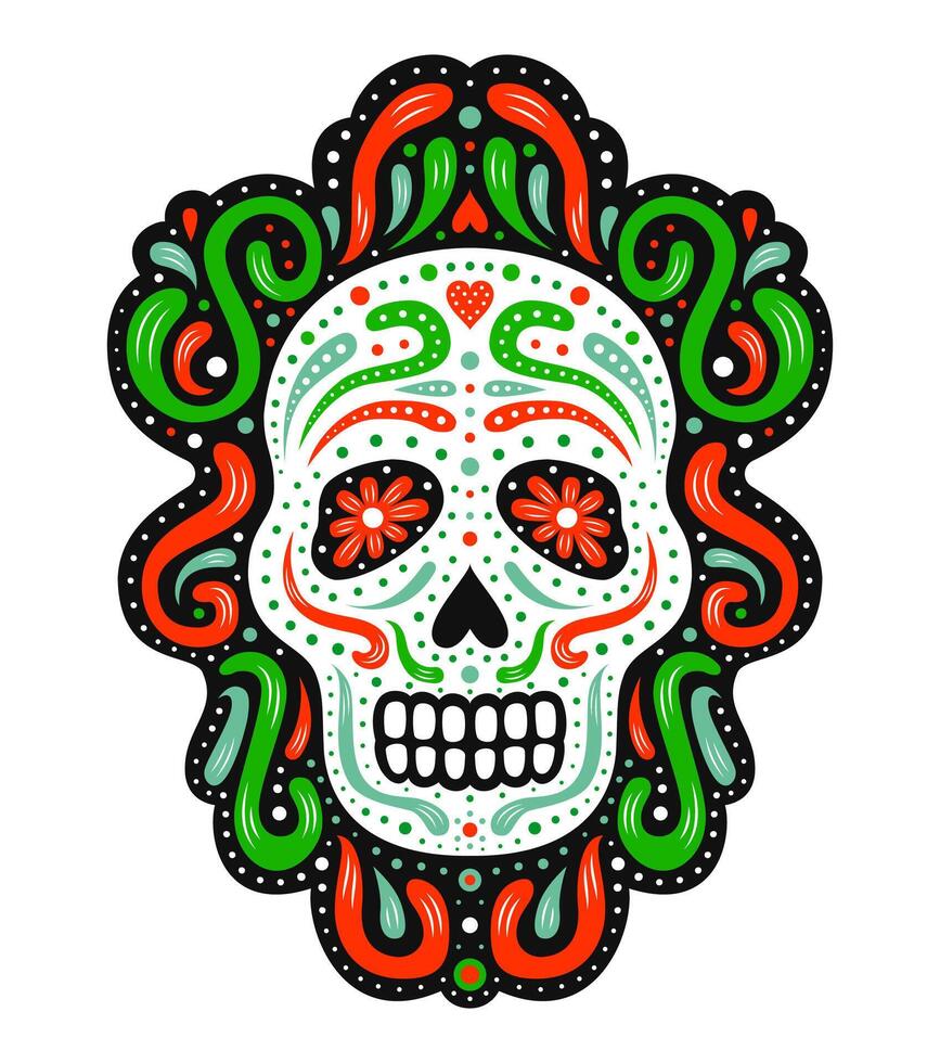 Traditional Mexican Sugar Skull. Ornate decorative human skeleton head on the dark background. Latin american Day of the Dead celebration symbol. National flag colored illustration. vector