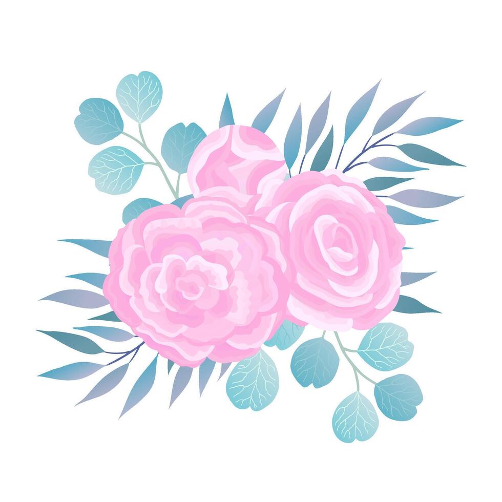 Romantic Wedding Flower Bouquet composition. Elegant blue Eucalyptus Branches, Leaves, beautiful pink Ranunculus background. Botanical illustration for Postcard design. vector