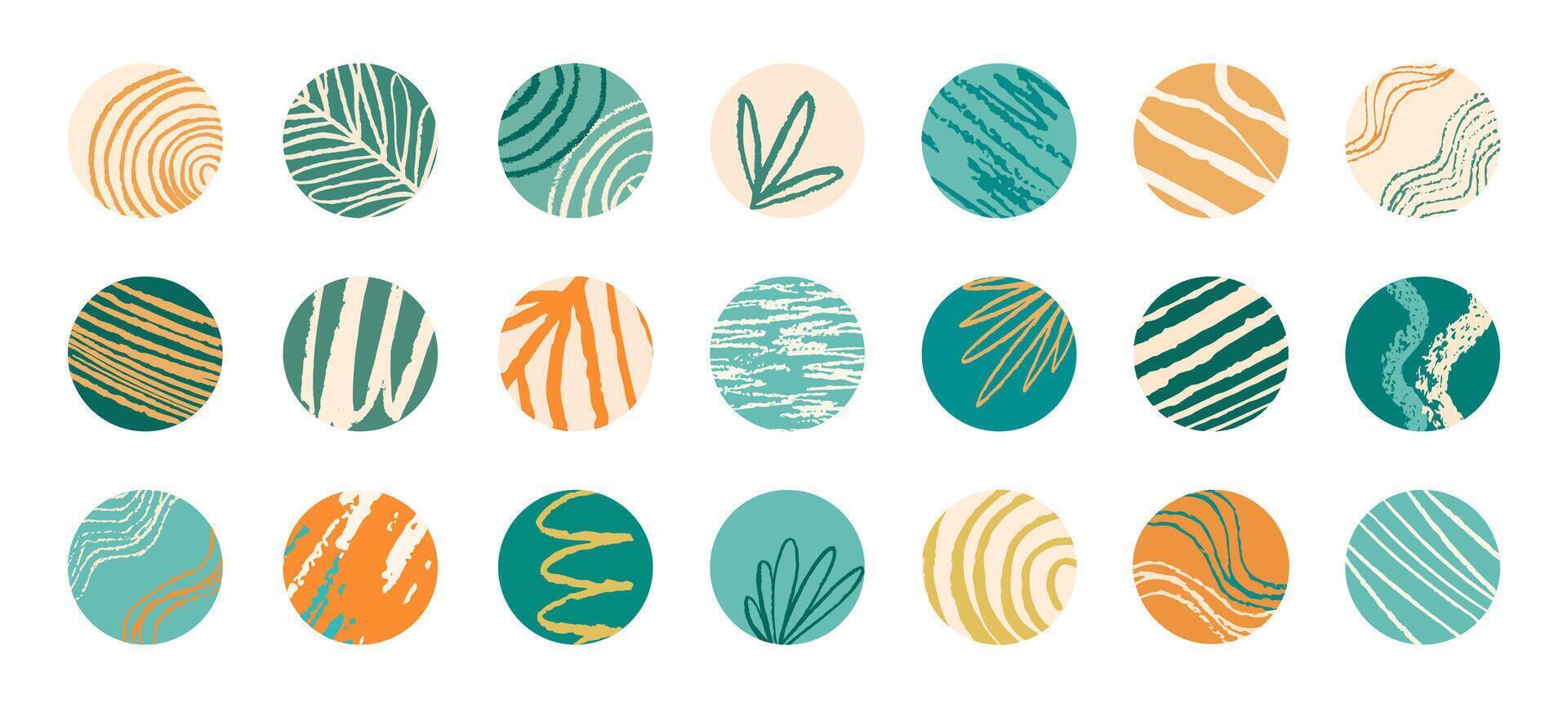 Social Network Highlight Story Covers. Abstract Art stylish round Avatars shades of trendy bottle-green orange and yellow colors with stripes, waves, floral motives. Circle Backgrounds vector