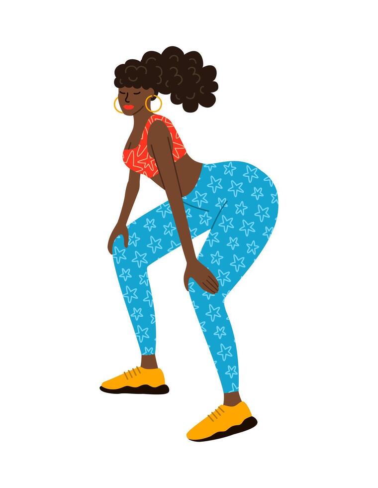 Beautiful African American Girl weared in colourful Crop Top and Leggins Dancing Twerk. vector