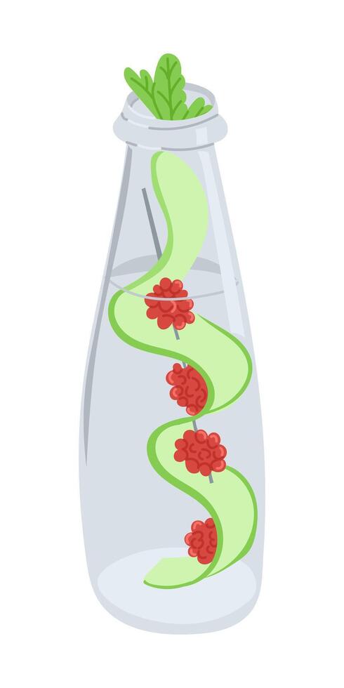 Hand drawn of a bottle filled with cucumber, raspberry and mint leaves. Concept of detox drink, freshness and healthy lifestyle with natural ingredients vector