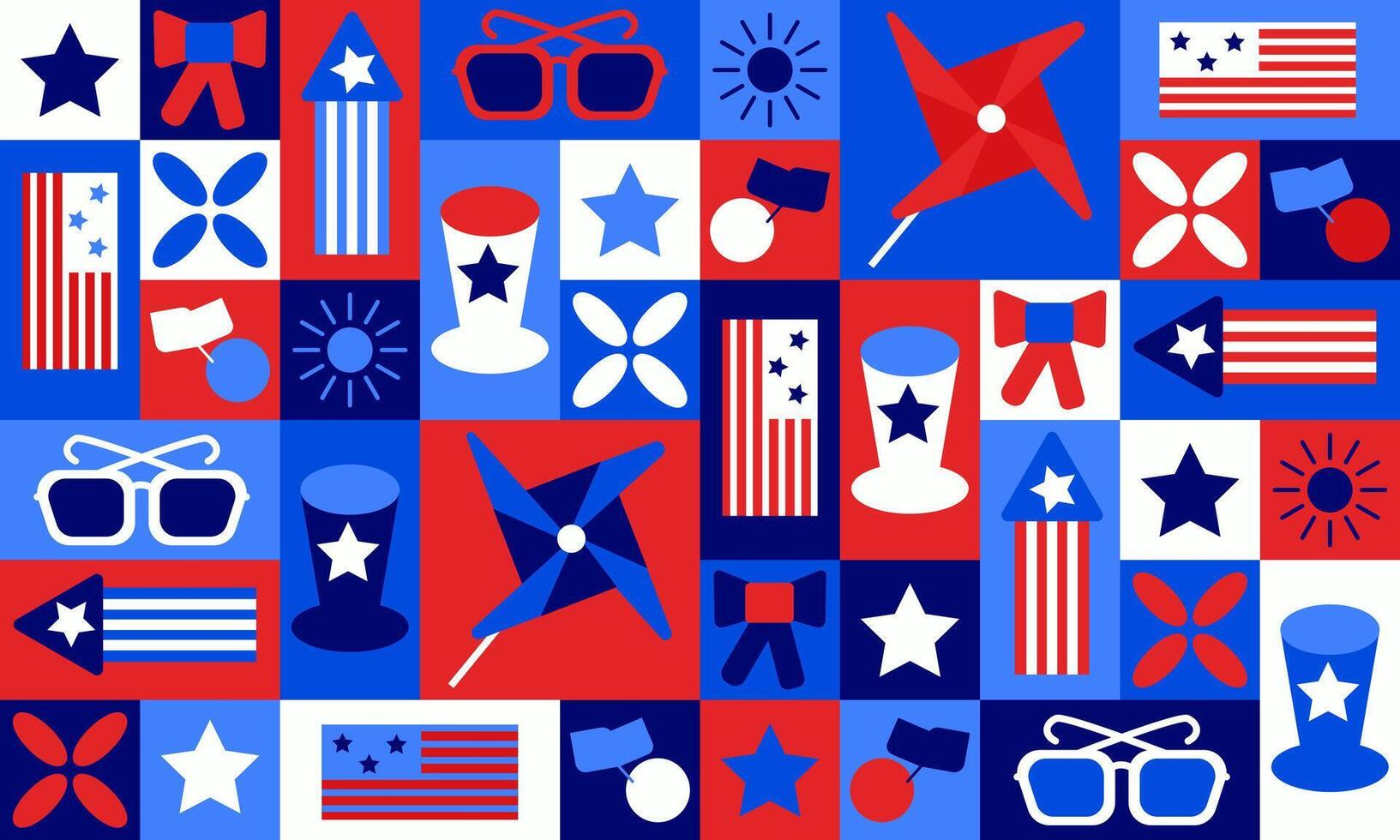 Hand drawn banner with patriotic USA elements like stars, flags, hats and pinwheels. Concept of Independence Day celebration, national pride and festive decoration vector