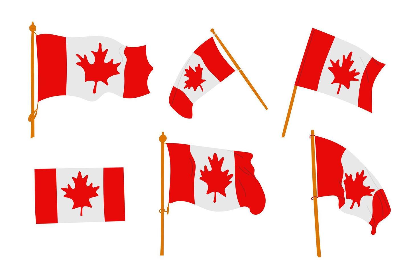 Set of waving Canadian flags with red maple leaf symbols on white background. This illustrates national identity, patriotism and celebration of Canada vector