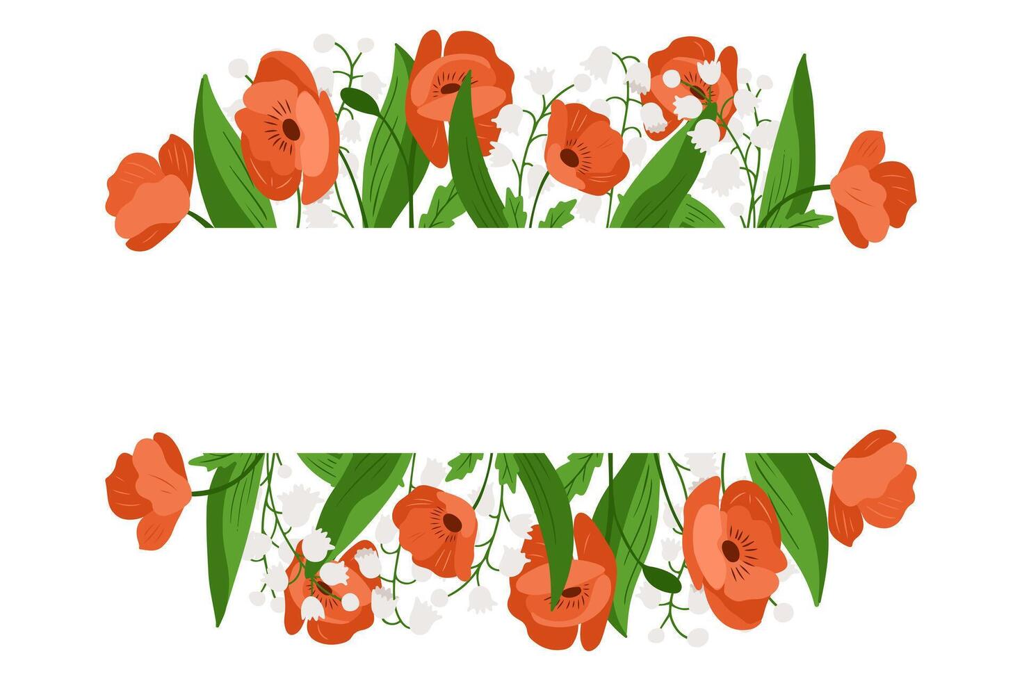 Hand drawn floral template with red poppies and white blossoms framing empty space. Concept of botanical decoration, invitation design and romantic greeting card vector