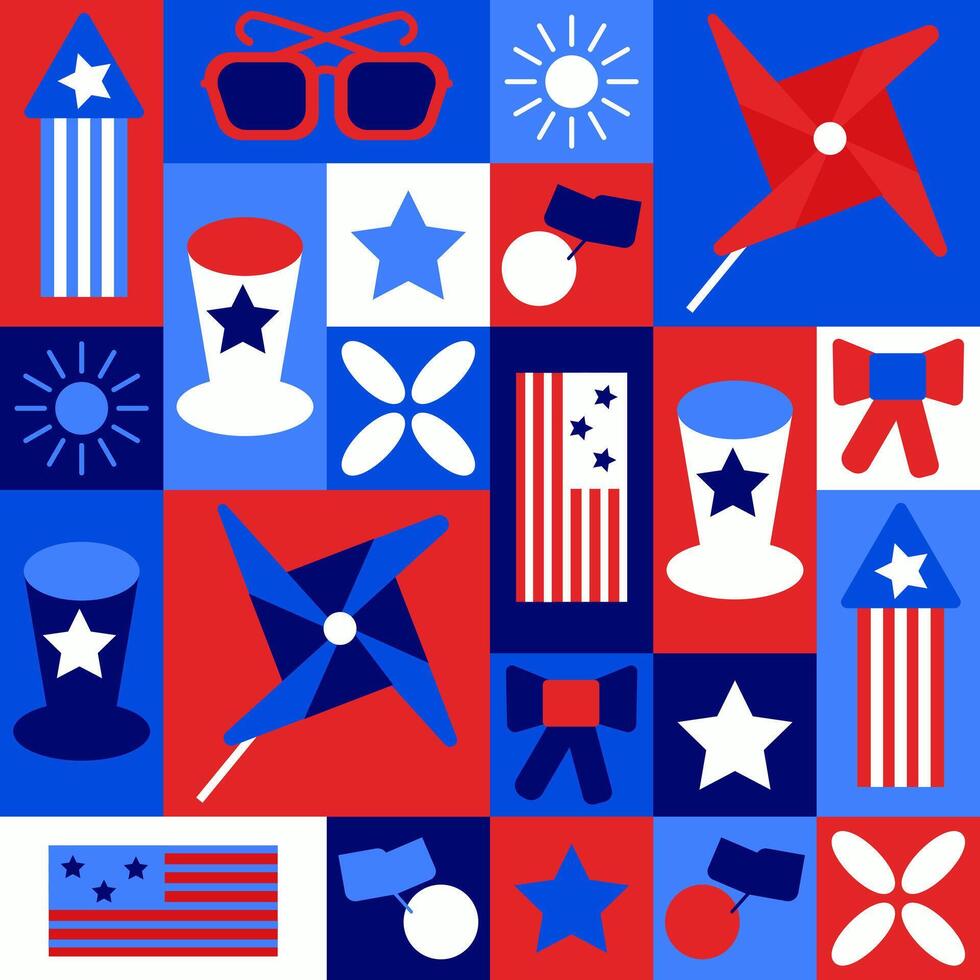 Seamless patriotic pattern with American flags, stars, hats, bows and fireworks in red, white and blue. This represents national pride, independence celebration and American holiday spirit vector