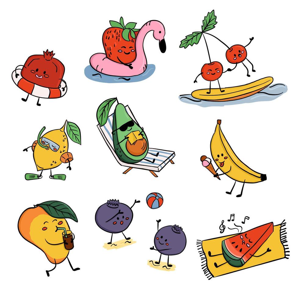 Funny summer fruit characters relaxing, playing, and swimming in cute cartoon style. This represents vacation, tropical fun, and healthy lifestyle with playful fruit personalities vector