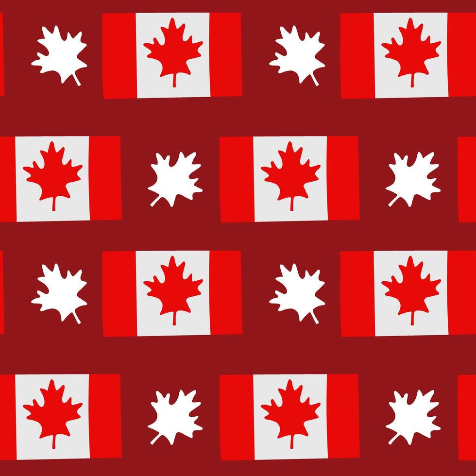 Seamless Canadian flag pattern with alternating maple leaves in bold red and white colors. Represents national pride, unity and celebration of Canada through iconic symbolism vector