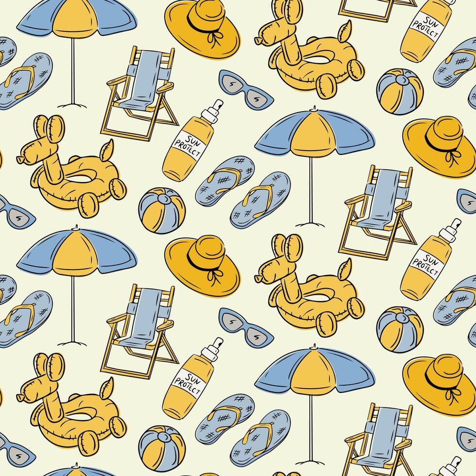 Seamless hand drawn pattern with beach items like umbrella, chair, flip-flops and sunscreen. Concept of summer vacation, relaxation and tropical seaside lifestyle vector