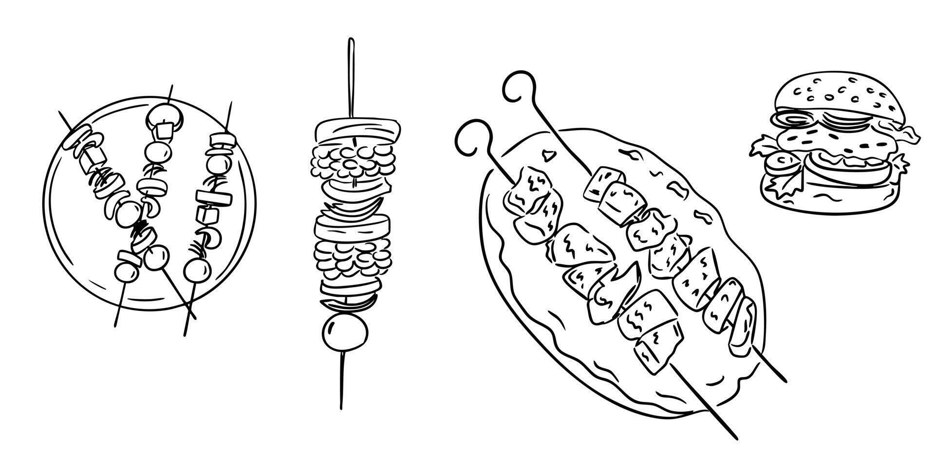 Hand drawn illustration of barbecue food including skewers and burger. Concept of grilled meal, picnic, summer cookout and outdoor party vector